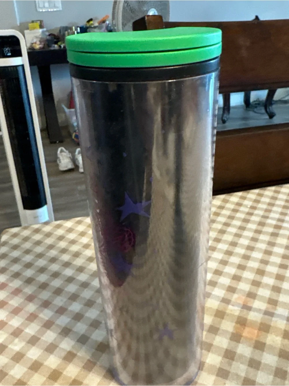 Clear Travel Tumbler with Pink Skull Graphic and Green Lid
